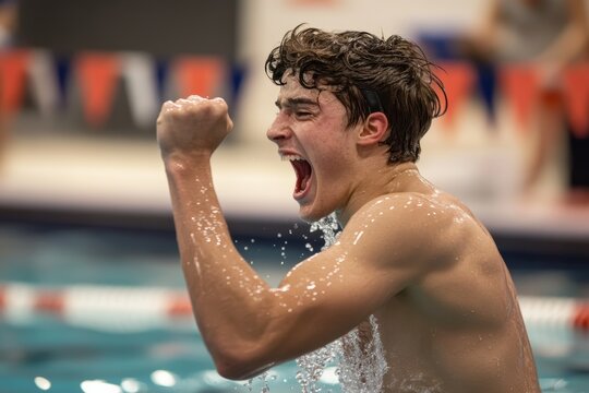 Triumphant young caucasian male swimmer celebrating victory in pool