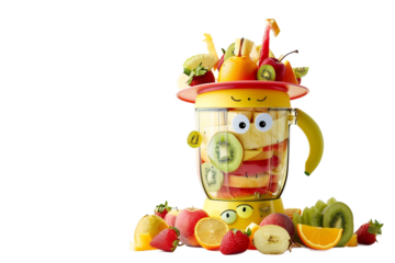 Funny fruit blender with smiling face on white background