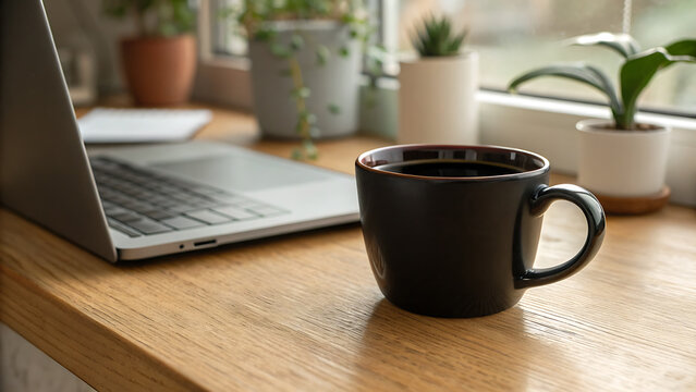 Cozy home office setup with a steaming mug of coffee and a laptop by the window