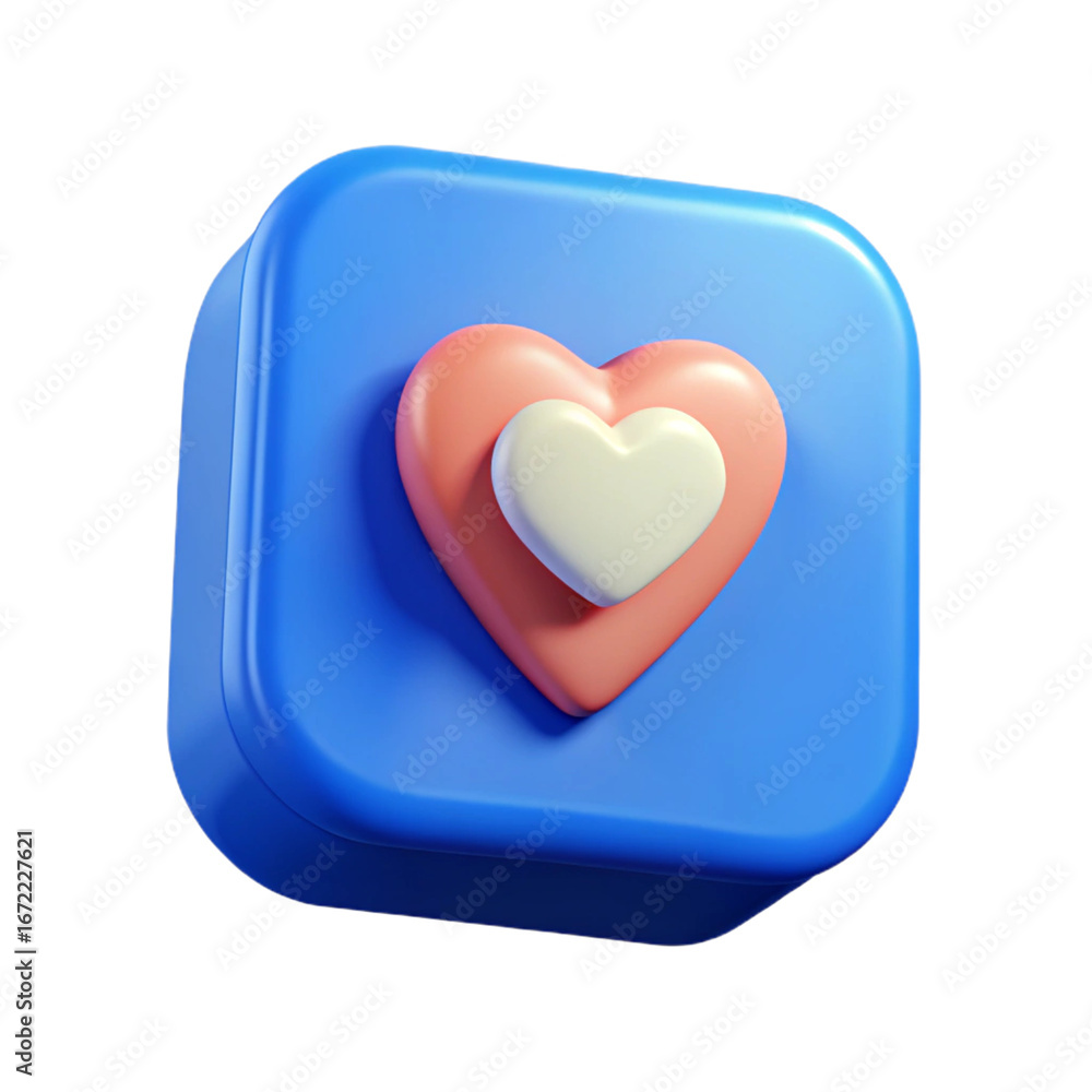 Poster 3d icon of 3d rendering of a heart icon on a blue square isolated on transparent background