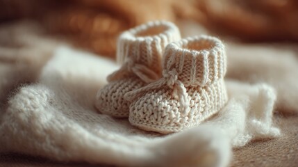 Soft, knitted baby booties on a blanket
