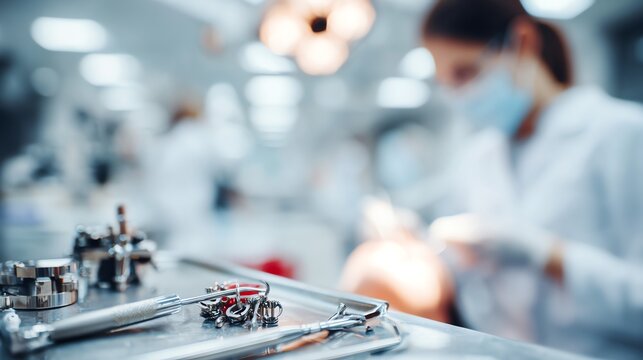 A shallow depth of field focuses on sterile dental instruments arranged on a metal tray, with a blurred medical professional working in the background, evoking a sense of precision and care.