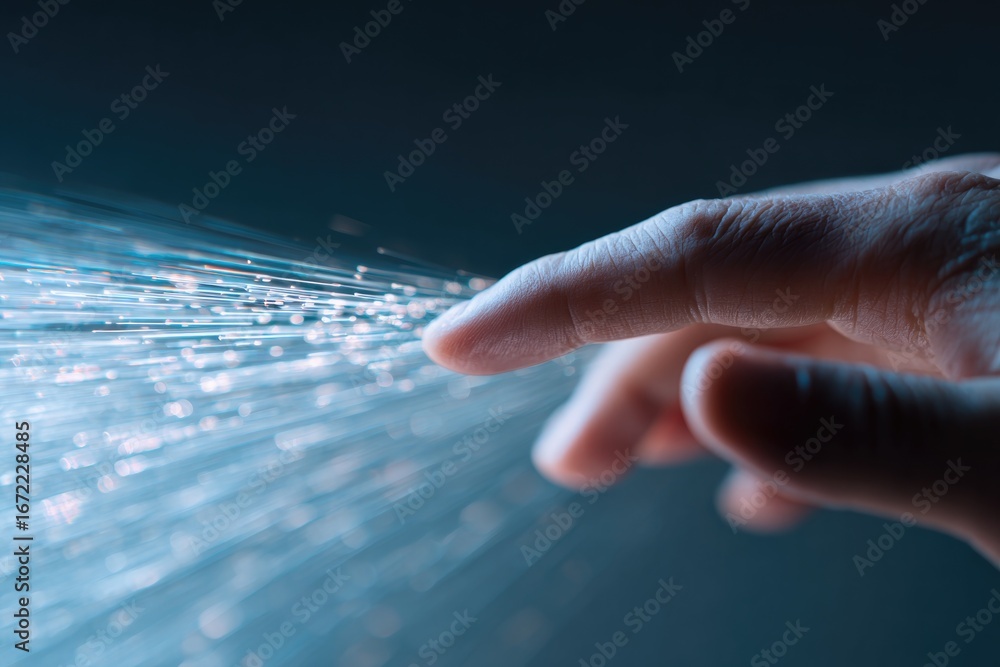Poster finger reaching out, creating stream of sparkling light particle