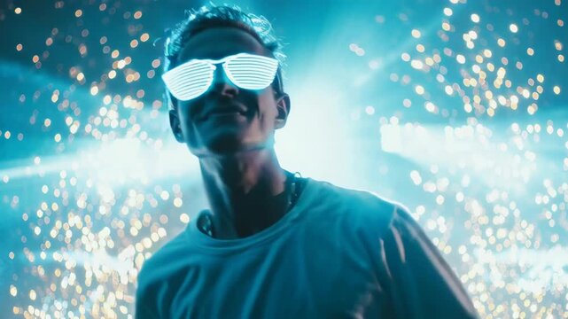 Energetic EDM DJ Performing with Invisible Decks and Light Effects