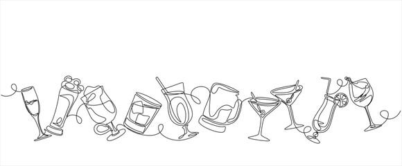 Continuous one line alcohol drinks. Alcoholic beverages glasses, from classic cocktails to craft beer,  liquors and chill whiskey isolated vector set of alcohol drink. Hand drawn. Editable stroke	
