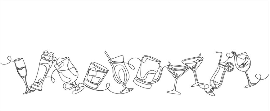 Continuous one line alcohol drinks. Alcoholic beverages glasses, from classic cocktails to craft beer, liquors and chill whiskey isolated vector set of alcohol drink. Hand drawn. Editable stroke