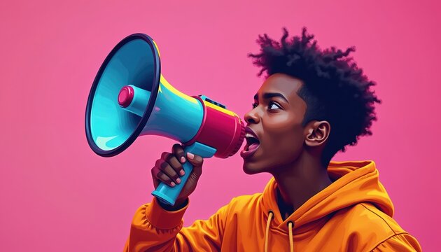 Young person with megaphone speaks passionately against bright pink backdrop. Illustration emphasizes youth activism, social change, powerful communication. Vibrant colors, dynamic style convey