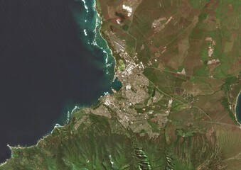 Satellite View of Hawaiian Islands, A stunning satellite image of the Hawaiian Islands, showcasing volcanic landscapes, lush tropical forests, and turquoise ocean waters.  © M. Jurzyk