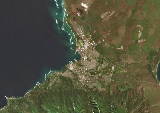 Satellite View of Hawaiian Islands, A stunning satellite image of the Hawaiian Islands, showcasing volcanic landscapes, lush tropical forests, and turquoise ocean waters. 