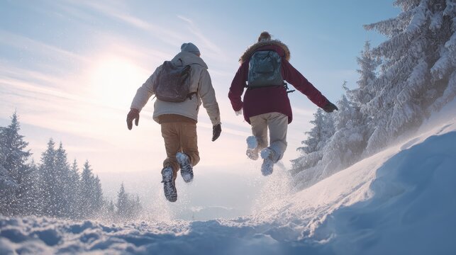 rear view of senior couple hikers in snowcovered winter nature jumping no logos no brands ar 169