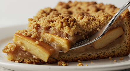A slice of delicious homemade apple pie on a white plate is a perfect sweet dessert