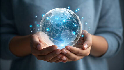 Hands gently holding a glowing digital earth orb with connected data streams