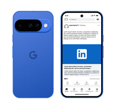 LinkedIn post mockup on Google Pixel 10 screen with back phone view, isolated layout. smartphone screen mockup template. LinkedIn mockup template. LinkedIn social media social network.  editorial.