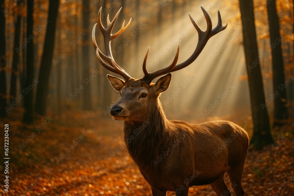Poster majestic stag with large antlers standing in autumn forest with golden sunlight streaming through tr