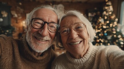 front view of senior couple indoors at home at christmas having video call with family no logos no brands ar 169