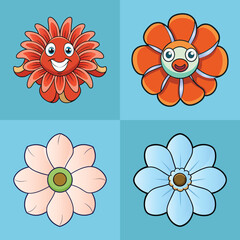 Cheerful cartoon flower characters:  red, orange, pink, and blue floral designs, playful mood, bright colors, vector illustration.