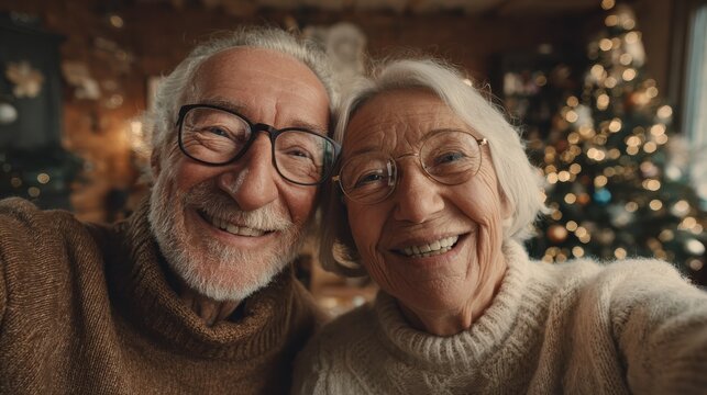 front view of senior couple indoors at home at christmas having video call with family no logos no brands ar 169