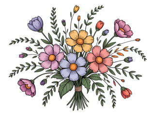 Colorful Hand- Drawn Floral Bouquet on a transparent background