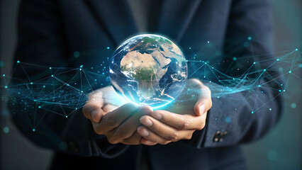 Hands cradling a glowing earth with digital connections symbolizing global technology and innovation