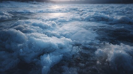 Obraz premium Frozen river with cracked ice surface in dramatic natural lighting