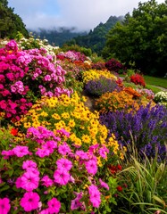 Obraz premium A vibrant display of colorful flowers cascading down a hillside, showcasing a profusion of pinks, yellows, purples, and reds.