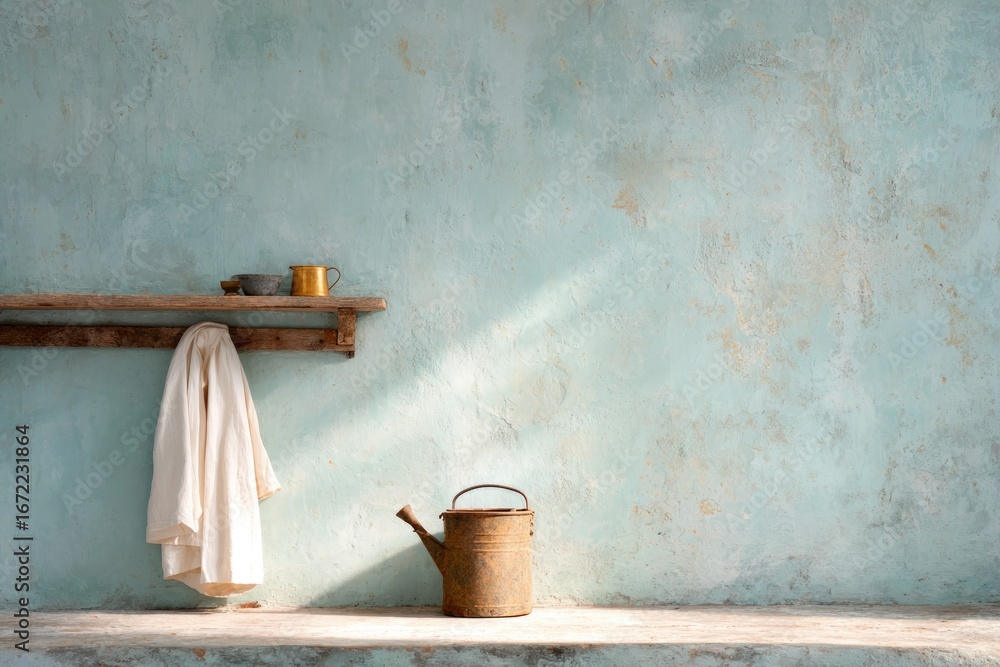 Poster soft light illuminates rustic shelf with watering can and towel,