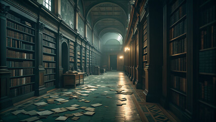 Fototapeta premium Mysterious dimly lit ancient library hallway filled with towering bookshelves and scattered papers