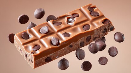 Fototapeta premium Chocolate bar with chocolate chips floating around it, showcasing a delicious treat against a soft gradient background, emphasizing the rich texture and indulgent nature of the confectionery delight