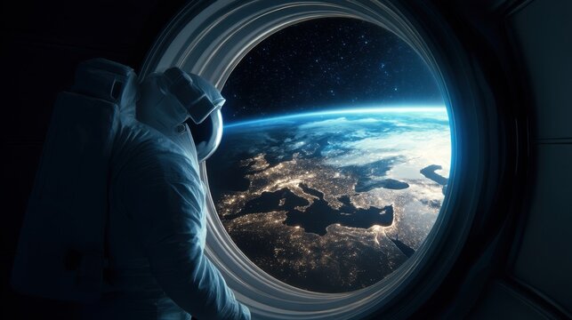 Male astronaut looking at earth from spaceship window. Man observing planet from orbit. Science fiction concept.
