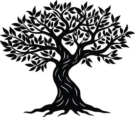 Olive Tree With Twisted Trunk Silhouette, Olive Branch Vector