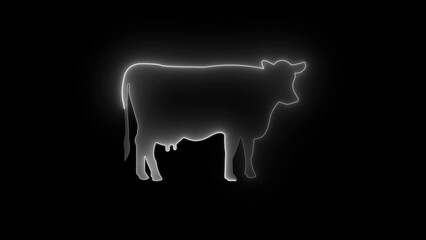 White neon outline silhouette of a cow standing against a black background image photo