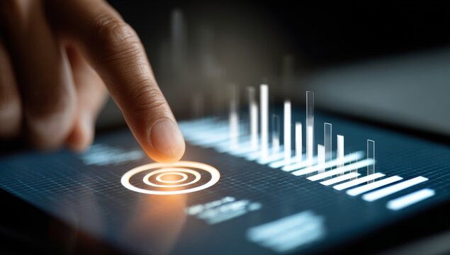 Hand touching a digital tablet displaying graphs