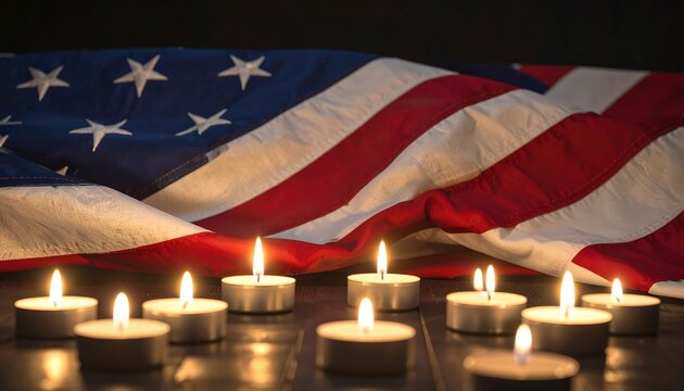Lit candles in front of a draped American flag, symbolizing remembrance and patriotism.