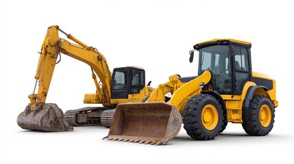 Heavy Machinery Ready for Action Excavator and Bulldozer on Display Against a White Backdrop