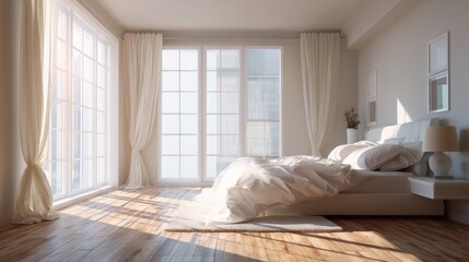 Sunlit bedroom with large windows and white bedding, bright interior design for comfort and relaxation, home decor concept.