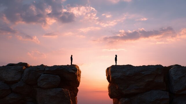Man and woman silhouette standing at opposite sides of canyon cliff at sunset. Concept of gap, separation, and distance in relationships or business.