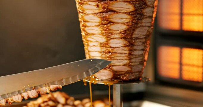 Chef slicing juicy shawarma at street food stall