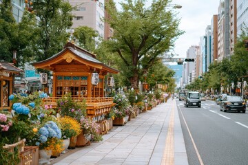 Fototapeta premium Serene Street View with Colorful Flower Displays and Traditional Pavilion in Lively Urban Environment