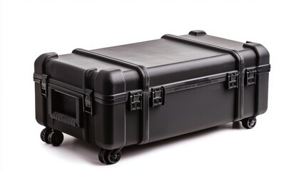 Black rugged case with wheels on a white background for safe storage and transport of sensitive equipment, travel protection concept.