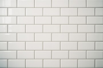 Fototapeta premium White ceramic subway tiles with glossy finish arranged in a horizontal brick pattern on a wall, ideal for minimalist architecture concepts. Ai generative