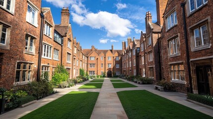 European university courtyard with historic brick buildings and green lawn. Classical architecture for education and travel concept.