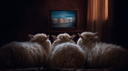Three sheep from behind watching television in a dark room. Farm animal entertainment. Cute rural concept.