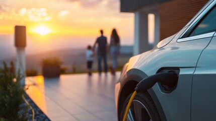 Obraz premium Electric car charging with solar electricity at dusk. Man, woman and kid standing in front of luxury house at sunset. Clean and green energy future.