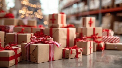 decorated merry christmas table with gifts boxes in warehouse interior background many presents wrapped with red ribbons and letters on desk in storage xmas postal shipping delivery concept no logos 