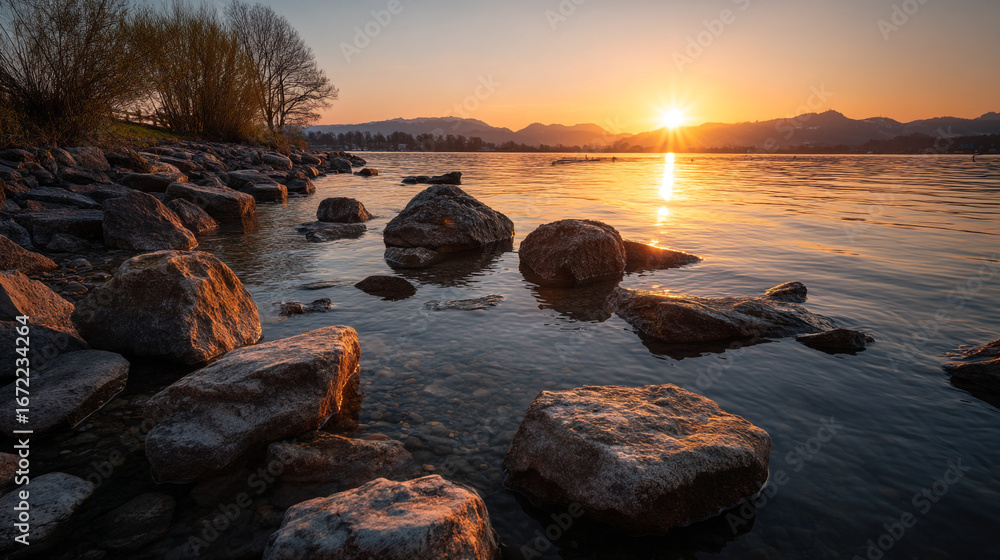 Poster a scenic view of a lake with rocks in the foreground and a sunset in the background landscape view
