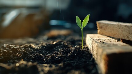 A green plant seedling sprouts from the soil, symbolizing growth, new life, and spring. Agriculture and nature garden concept.