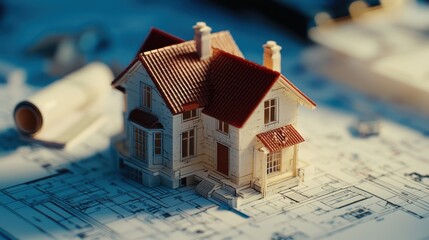 Model house building sitting on blueprint. Home architecture design plan development process. Real estate agency property concept.