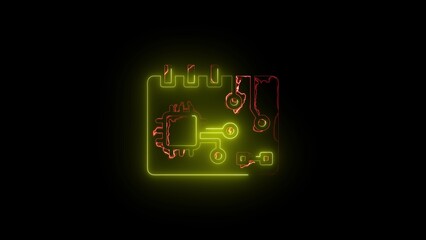 Yellow and Red Neon Glowing Microchip Circuit Board Icon on Black Background technology electronic