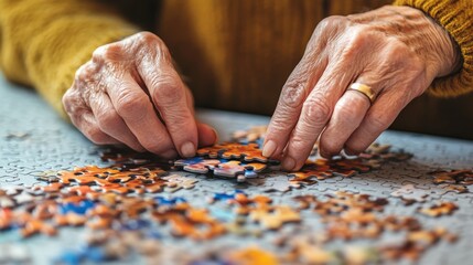 Elderly hands carefully arranging puzzle pieces.