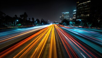 City highway at night with light trails